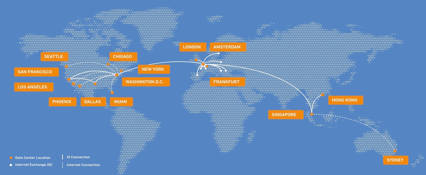 world map of Leaseweb's data centers and global connections