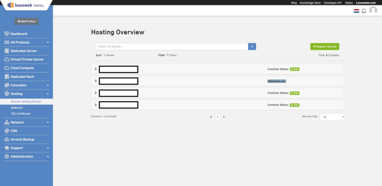 hosting overview customer portal Leaseweb