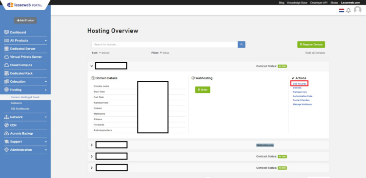 DNS record customer portal Leaseweb